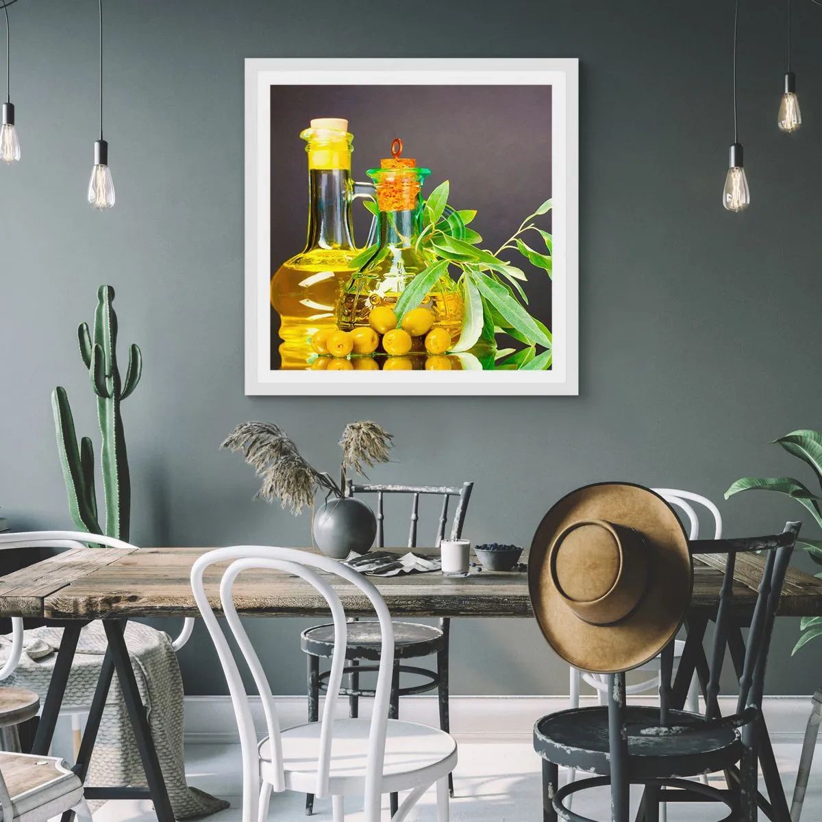 Plakat w białej ramie - Martwa natura z oliwkami i oliwą - 50x50 cm