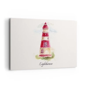 Obraz na płótnie - Akwarelowy obraz latarni morskiej na jasnym tle z napisem - 100x70cm - Wokół zawsze pogoda - Nowoczesna dekoracja ścienna do salonu, kuchni i sypialni ARTTOR