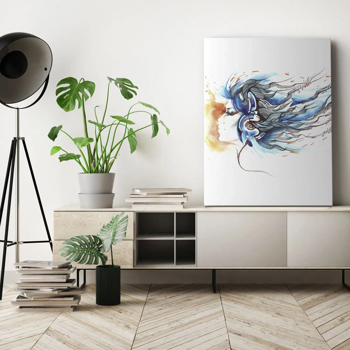 Obraz na płótnie - Artystyczny rysunek kobiety z słuchawkami na uszach, z niebieskimi akcentami w włosach - 50x70cm - Niech gra muzyka - Nowoczesna dekoracja ścienna do salonu, kuchni i sypialni ARTTOR