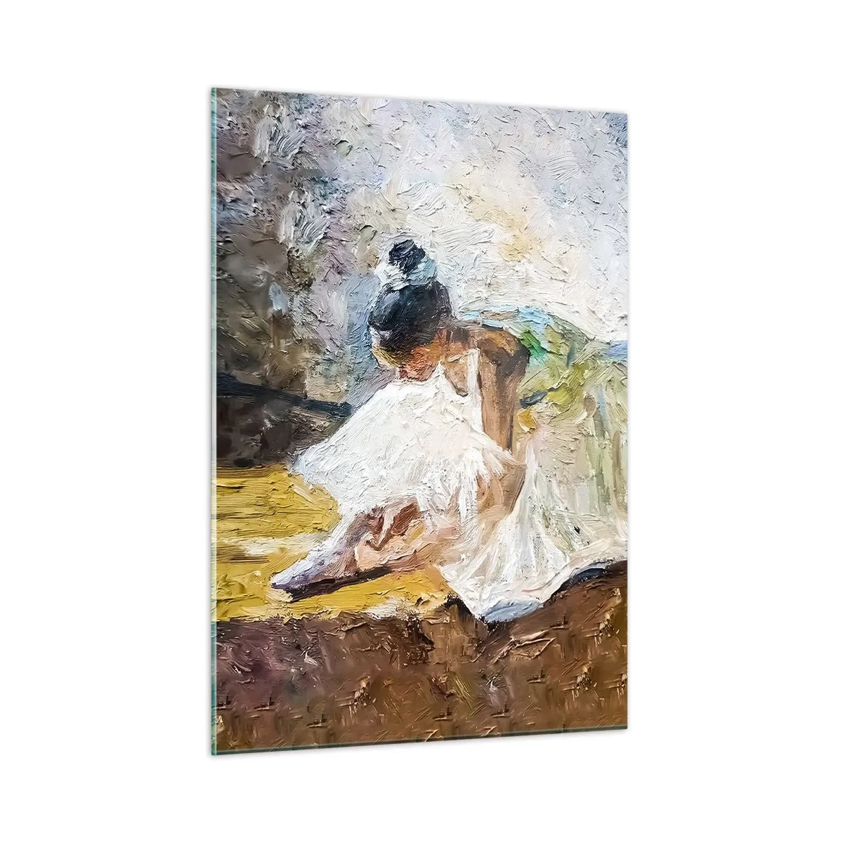 Obraz na szkle - Baletnica pochylona w białej sukni malowana fakturą olejną - 50x70cm - Z obrazu Degasa - Nowoczesna dekoracja ścienna do salonu, kuchni i sypialni ARTTOR