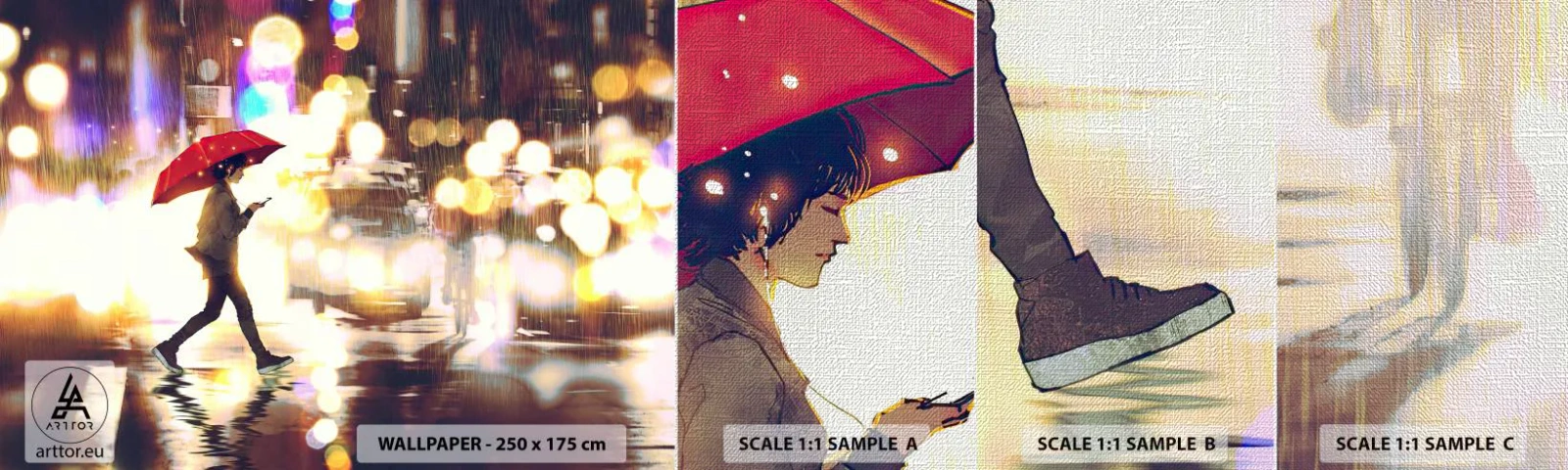 Fototapeta Próbka Premium Canvas - A jednak słoneczna - Miasto, Spacer W Deszczu, Parasol - 100x30 cm