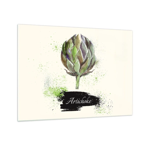 Obraz na szkle - Akwarelowa karczochowa grafika z napisem Artichoke - 70x50cm - Eviva warzywa! - Nowoczesna dekoracja ścienna do salonu i sypialni ARTTOR