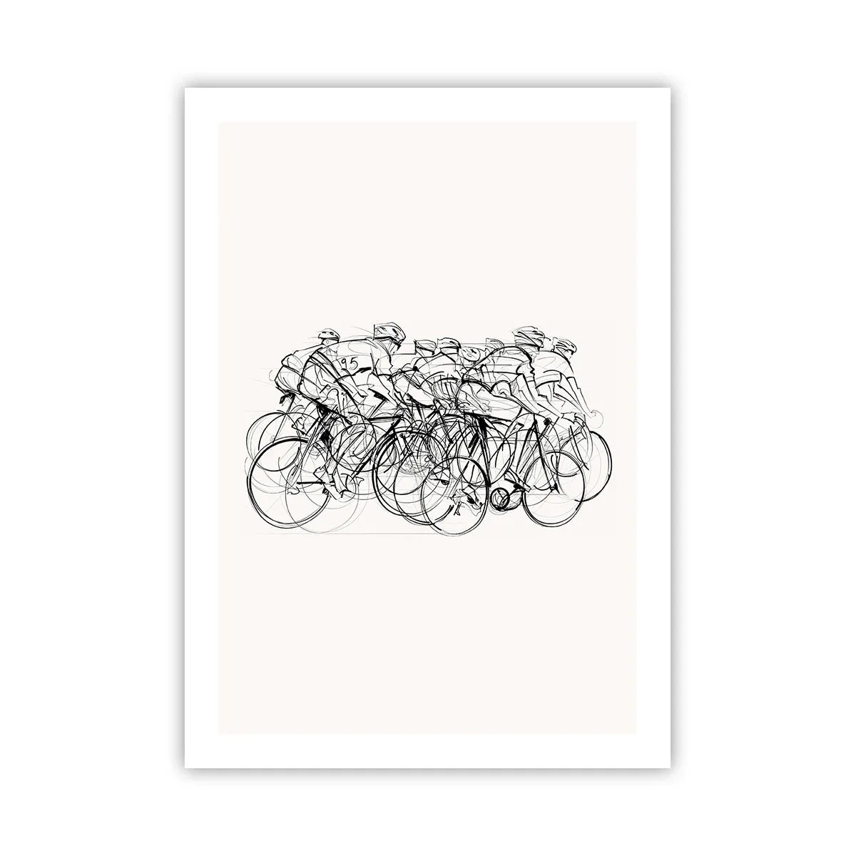 Plakat - Szkic kolarzy w wyścigu na minimalistycznym tle - 50x70cm - Wespół w zespół - Nowoczesna dekoracja ścienna do salonu, kuchni i sypialni ARTTOR