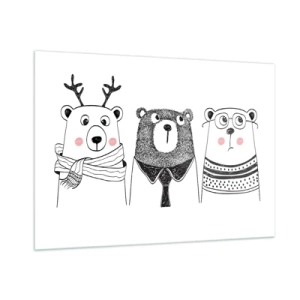 Obraz na szkle - Trzy zabawne niedźwiadki w czarno-białej ilustracji - 100x70cm - Miś, misiaczek i misio - Nowoczesna dekoracja ścienna do salonu, kuchni i sypialni ARTTOR