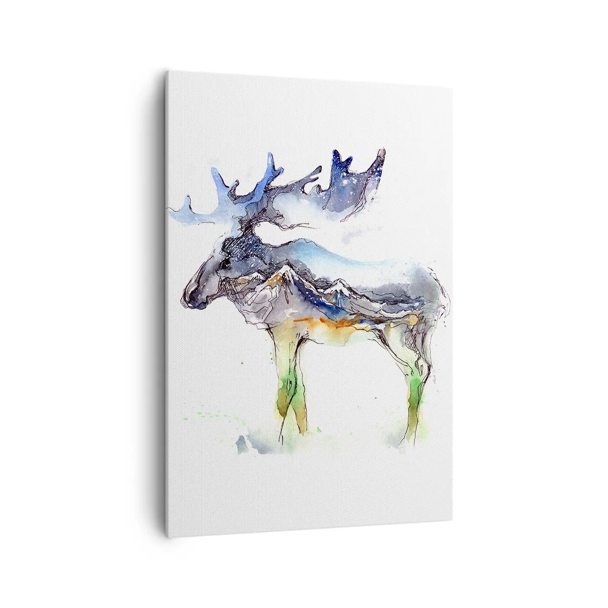 Obraz na płótnie - Akwarelowa sylwetka łosia z górskim pejzażem - 70x100cm - Bohater zimowej opowieści - Nowoczesna dekoracja ścienna do salonu i sypialni ARTTOR