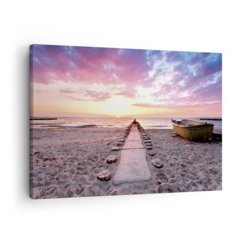 Obraz na płótnie - Plaża o wschodzie słońca z łodzią i pomostem - 70x50cm - Chwila głębokiego przeżycia - Nowoczesna dekoracja ścienna do salonu i sypialni ARTTOR