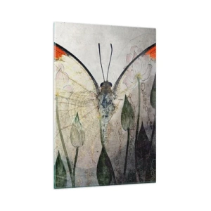 Obraz na szkle - Motyl z pomarańczowymi skrzydłami na tle stylizowanych kwiatów - 80x120cm - "Kędy się motyl kołysa na trawie" - Nowoczesna dekoracja ścienna do salonu i sypialni ARTTOR