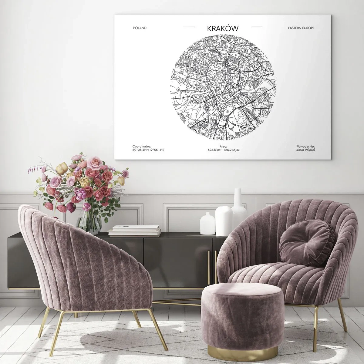Obraz na szkle - Mapa Krakowa w stylu czarno-białej ilustracji - 70x50cm - Anatomia Krakowa - Nowoczesna dekoracja ścienna do salonu i sypialni ARTTOR