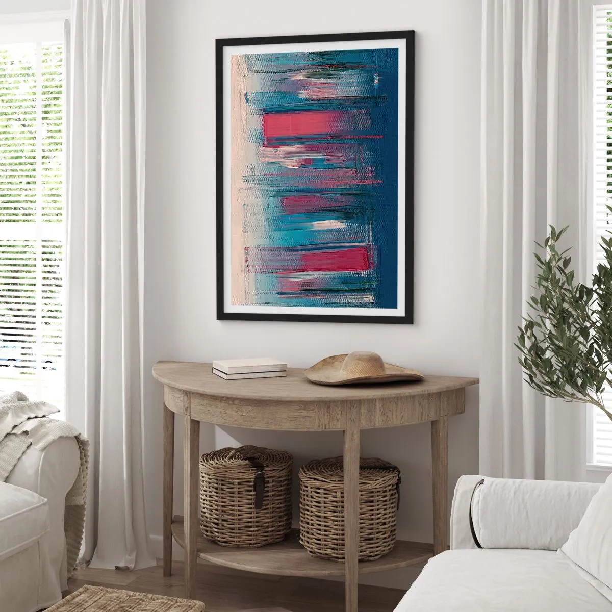 Plakat w czarnej ramie - Abstrakcyjna kompozycja w odcieniach niebieskiego i czerwieni - 50x70cm - Kompozycja wertykalna w błękicie i czerwieni - Nowoczesna dekoracja ścienna do salonu i sypialni ARTTOR