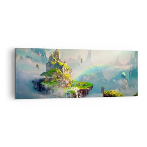 Obraz na płótnie - Latające wyspy wśród chmur z tęczą na horyzoncie - 140x50cm - Śródniebie - wyspy szczęśliwe - Nowoczesna dekoracja ścienna do salonu i sypialni ARTTOR