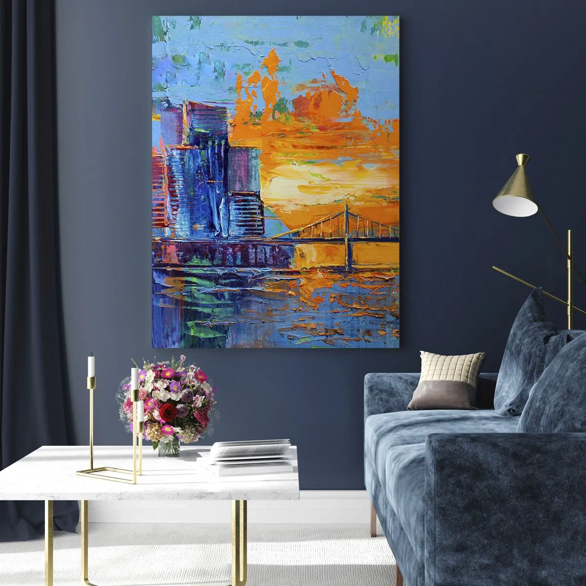 Obraz na szkle - Kolorowe miasto i most w blasku zachodzącego słońca - 50x70cm - Kultura i natura - Nowoczesna dekoracja ścienna do salonu, kuchni i sypialni ARTTOR