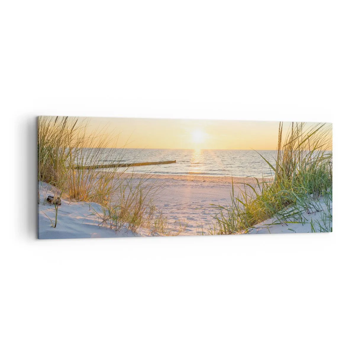 Obraz na płótnie - Piaszczysta plaża z widokiem na zachodzące słońce nad morzem - 140x50cm - Morza szum, ptaków śpiew, dzika plaża pośród traw… - Nowoczesna dekoracja ścienna do salonu i sypialni ARTTOR