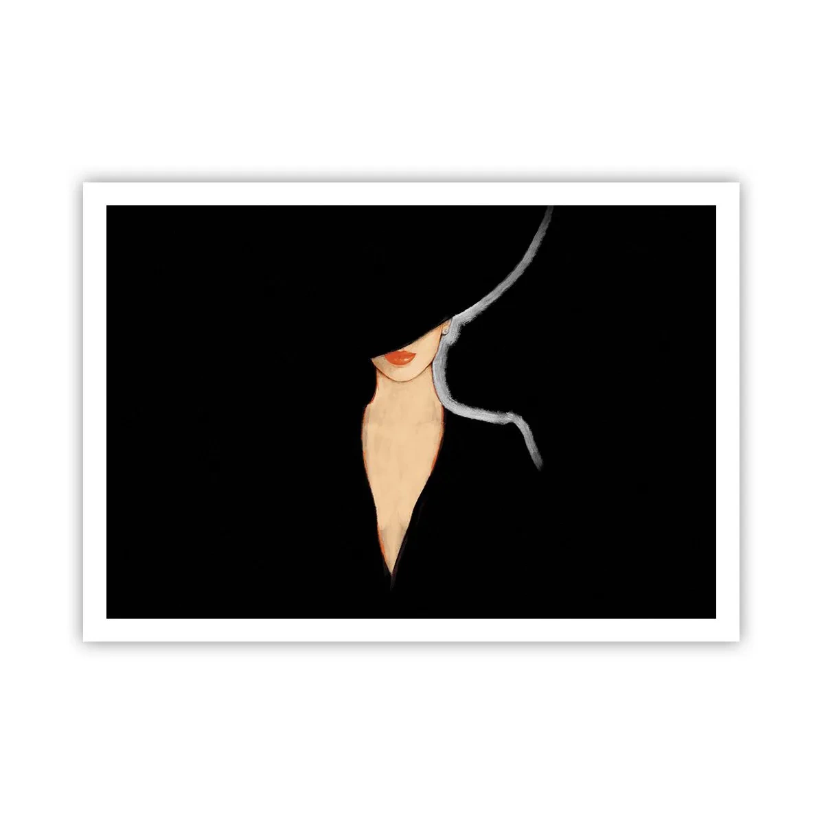 Plakat - Sylwetka kobiety w kapeluszu na czarnym tle - 100x70cm - Elegancja i styl - Nowoczesna dekoracja ścienna do salonu i sypialni ARTTOR