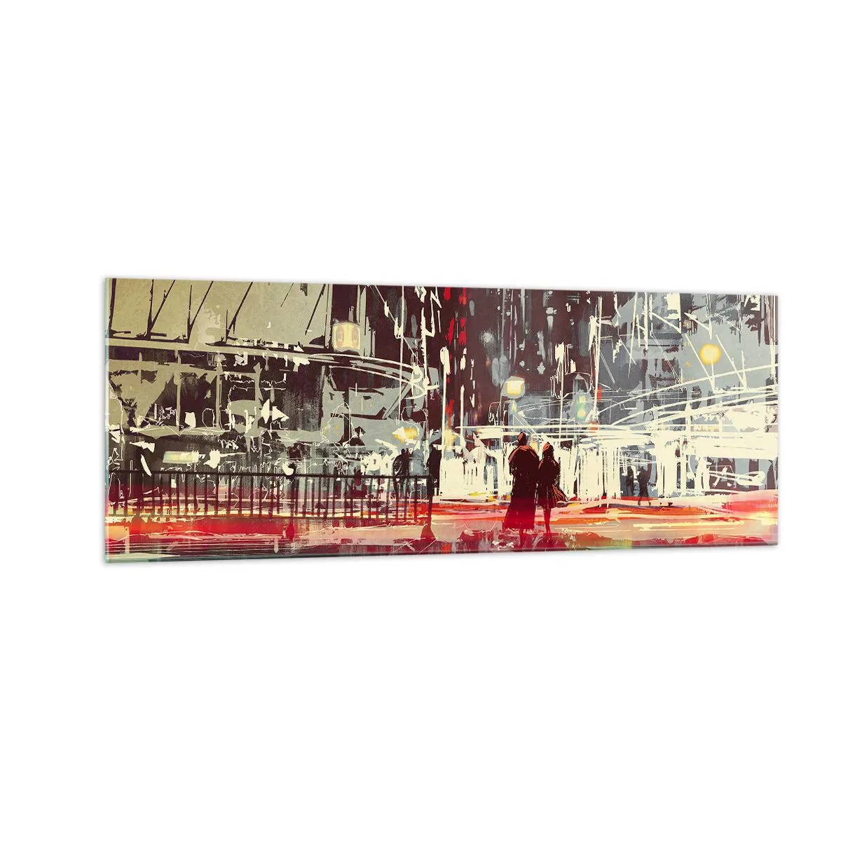 Obraz na szkle - Miasto nocą z neonami i sylwetkami ludzi na ulicy - 140x50cm - Wielkomiejska przeprawa - Nowoczesna dekoracja ścienna do salonu i sypialni ARTTOR