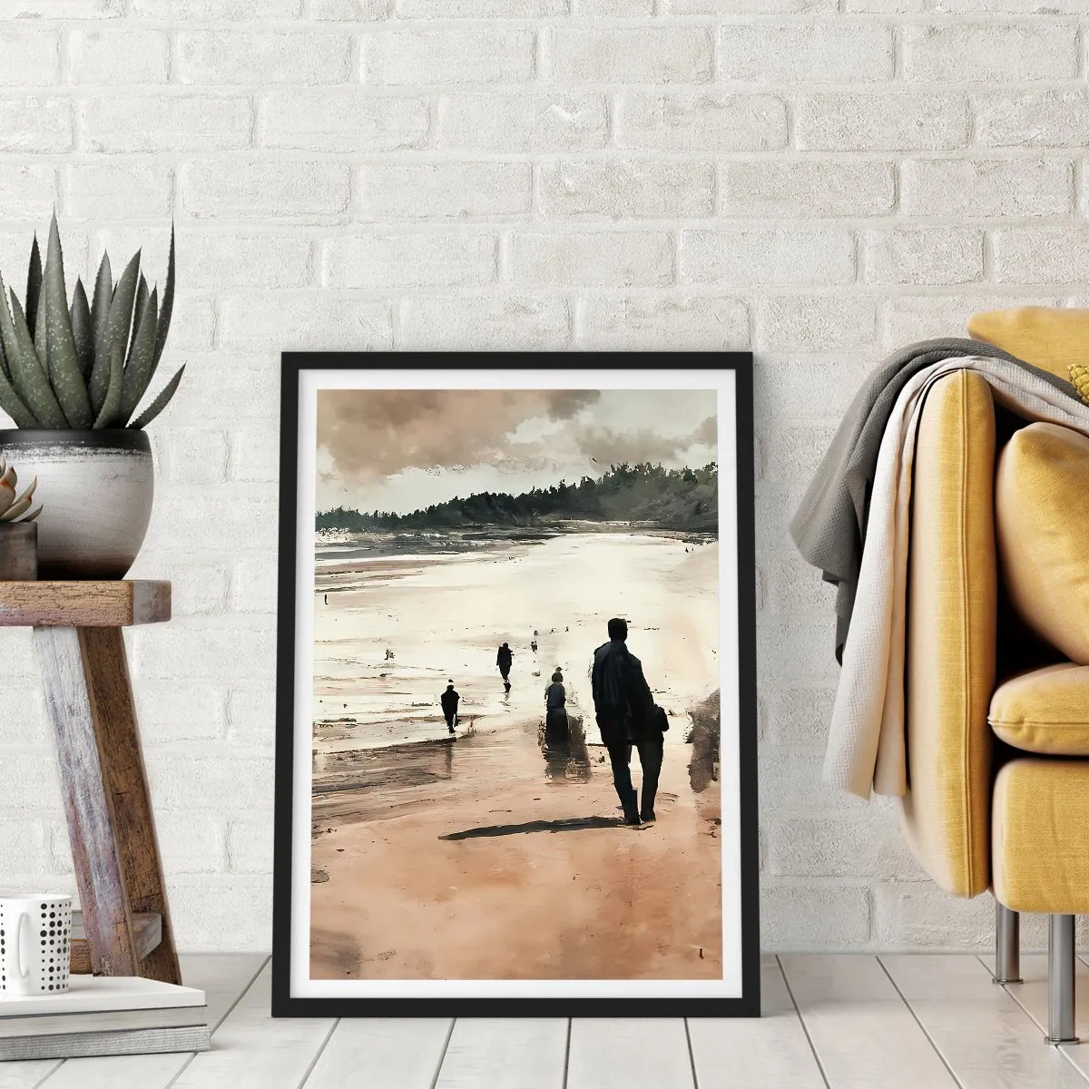 Plakat w czarnej ramie - Spacer po plaży w nostalgicznych barwach - 50x70cm - Przywołani - Nowoczesna dekoracja ścienna do salonu i sypialni ARTTOR