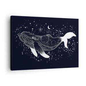 Obraz na płótnie - Graficzna ilustracja wieloryba w kosmicznym stylu - 70x50cm - W oceanie wszechświata - Nowoczesna dekoracja ścienna do salonu i sypialni ARTTOR
