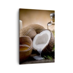 Obraz na płótnie - Rozłupane kokosy z mlekiem na drewnianym stole - 50x70cm - Zdrowie z tropikalnych wysp - Nowoczesna dekoracja ścienna do salonu, kuchni i sypialni ARTTOR