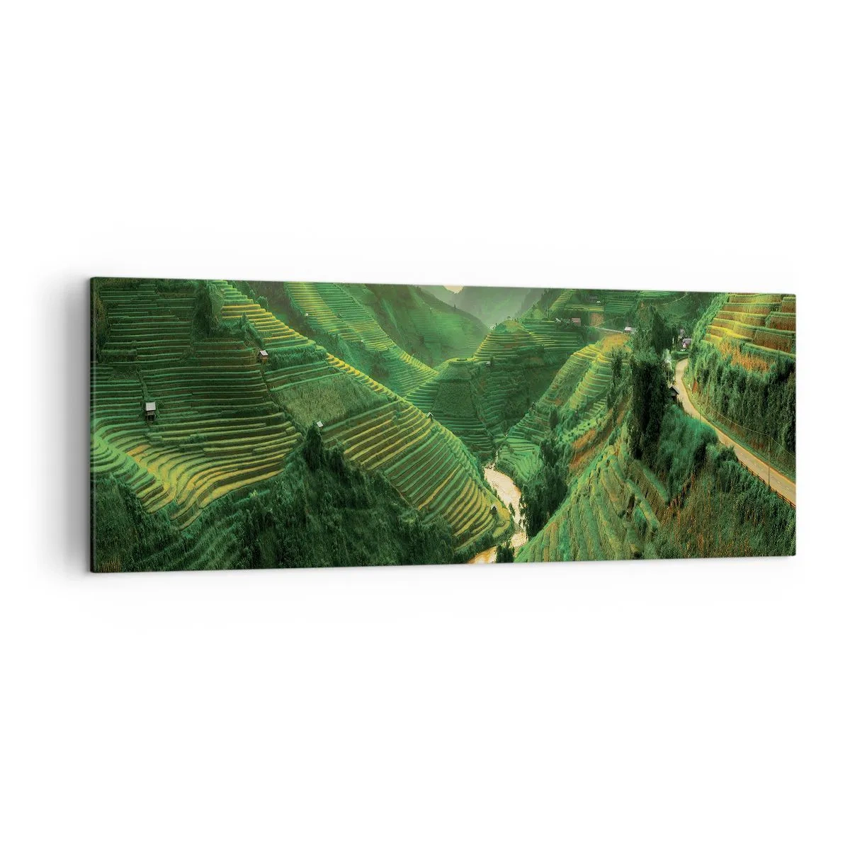 Obraz na płótnie - Malownicze tarasy ryżowe w zielonej dolinie oświetlone zachodzącym słońcem - 140x50cm - Wietnamska dolina - Nowoczesna dekoracja ścienna do salonu i sypialni ARTTOR
