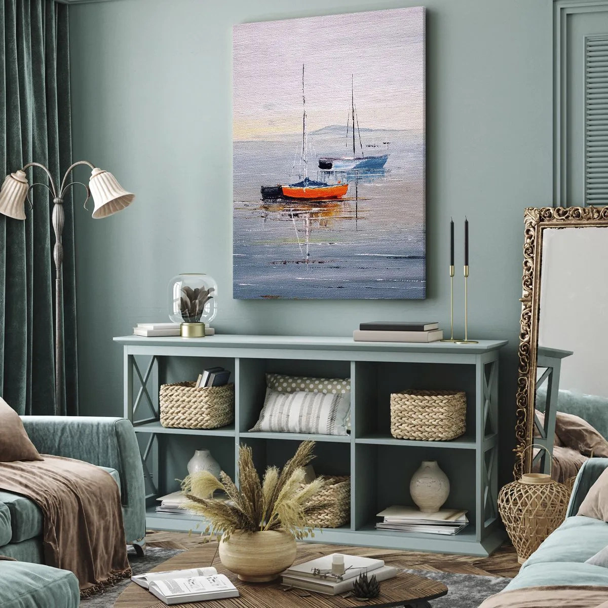 Obraz na płótnie - Żaglówki na spokojnej wodzie o wschodzie słońca - 50x70cm - Zasłużony odpoczynek - Nowoczesna dekoracja ścienna do salonu, kuchni i sypialni ARTTOR