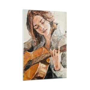 Obraz na szkle - Portret dziewczyny grającej na gitarze w malarskim stylu z ciepłymi barwami - 80x120cm - Koncert na gitarę i dziewczęce serce - Nowoczesna dekoracja ścienna do salonu i sypialni ARTTOR