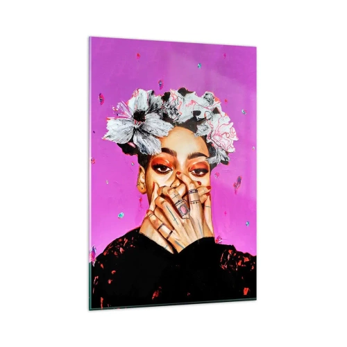 Obraz na szkle - Portret kobiety na różowym tle z kwiatami we włosach - 80x120cm - Trochę szalona - Nowoczesna dekoracja ścienna do salonu i sypialni ARTTOR