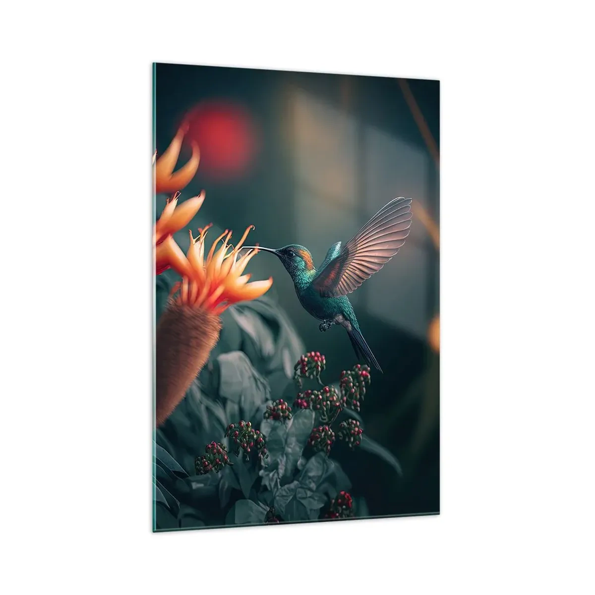 Obraz na szkle - Kolorowy koliber przy kwiatach na tle natury - 70x100cm - naprawdę barwne życie - Nowoczesna dekoracja ścienna do salonu i sypialni ARTTOR