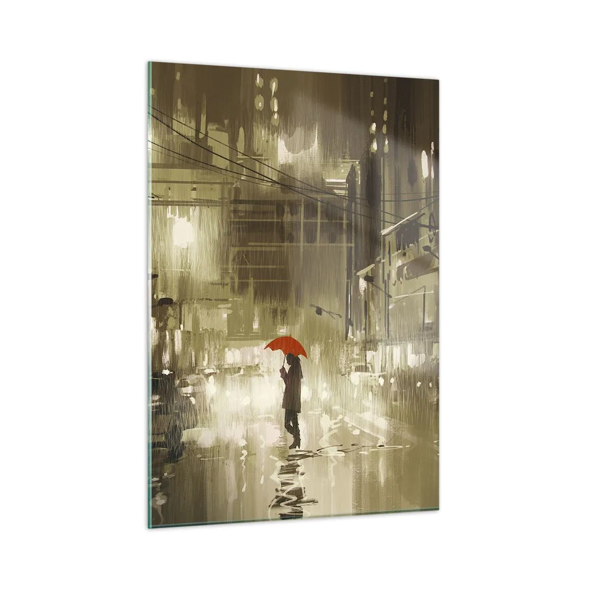 Obraz na szkle - Osoba z czerwonym parasolem w deszczowym świetle miasta nocą - 50x70cm - Sama, ale nie samotna - Nowoczesna dekoracja ścienna do salonu, kuchni i sypialni ARTTOR