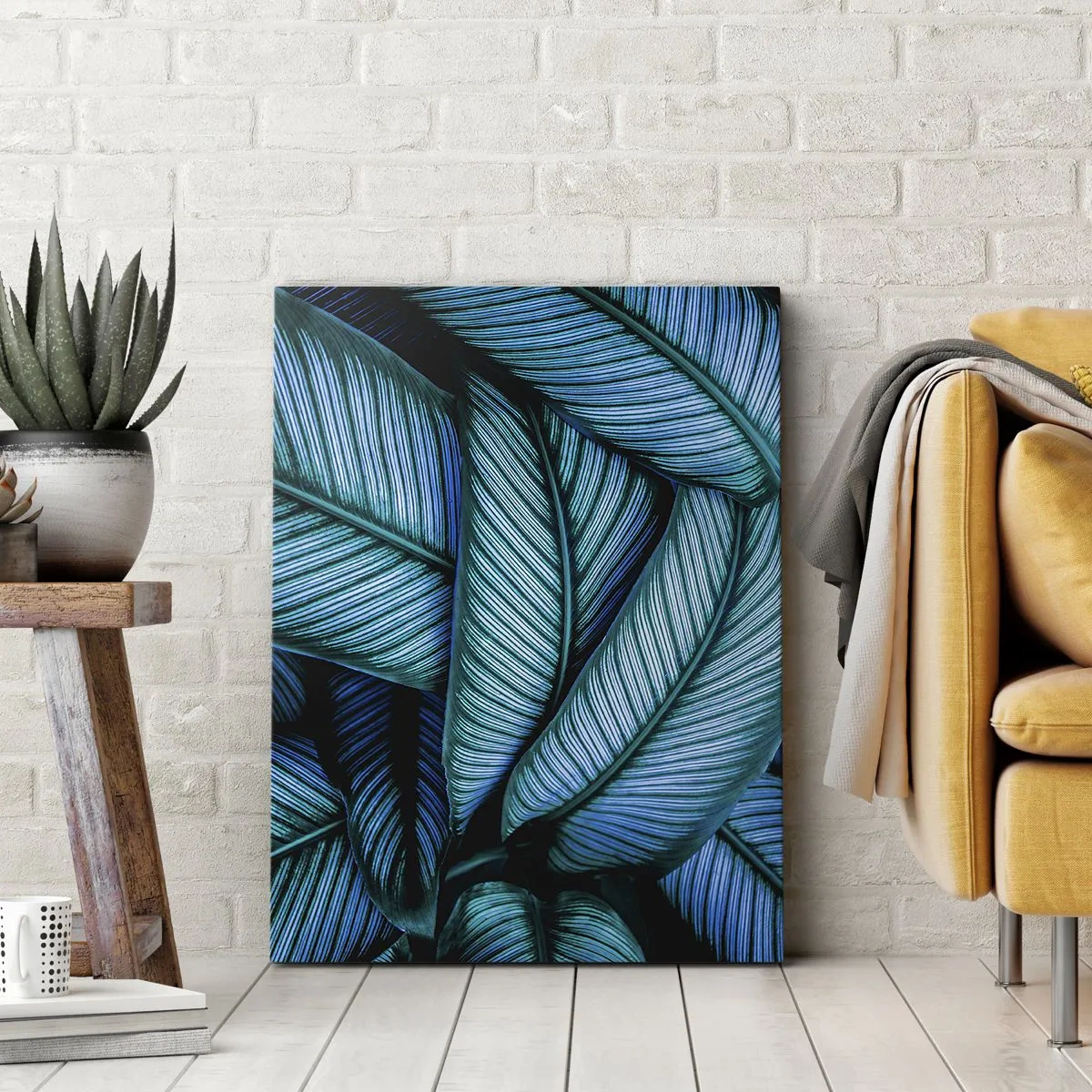 Obraz na płótnie - Detal dużych, niebiesko-zielonych liści o wyrazistej strukturze i dynamicznej formie - 50x70cm - Linie życia - Nowoczesna dekoracja ścienna do salonu, kuchni i sypialni ARTTOR