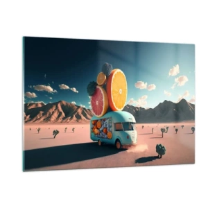 Obraz na szkle - Turkusowy kamper z owocami na tle pustynnego krajobrazu - 120x80cm - Smak wakacji - Nowoczesna dekoracja ścienna do salonu, kuchni i sypialni ARTTOR