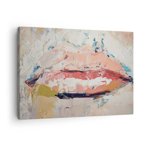 Obraz na płótnie - Abstrakcyjna kompozycja przedstawiająca kobiece usta w pastelowych barwach - 70x50cm - Budzi zmysły - Nowoczesna dekoracja ścienna do salonu i sypialni ARTTOR