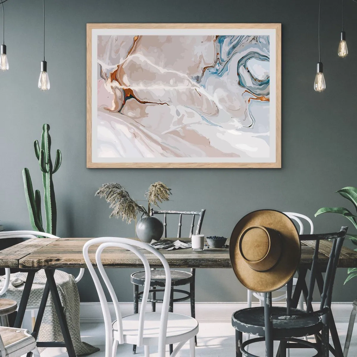 Plakat w ramie jasny dąb - Błękitne meandry pod bielą - 100x70 cm