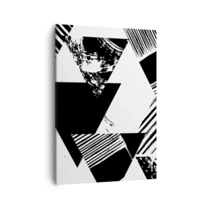 Obraz na płótnie - Czarno-biała abstrakcja z geometrycznymi trójkątami i dynamicznymi liniami - 50x70cm - Deszcz trójkątów - Nowoczesna dekoracja ścienna do salonu, kuchni i sypialni ARTTOR