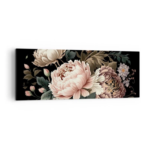 Obraz na płótnie - Bukiet różowych kwiatów i motyli na czarnym tle - 140x50cm - W barokowym stylu - Nowoczesna dekoracja ścienna do salonu i sypialni ARTTOR