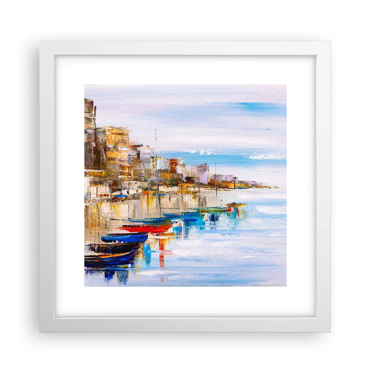Plakat w białej ramie - Wielobarwna miejska przystań - 30x30 cm
