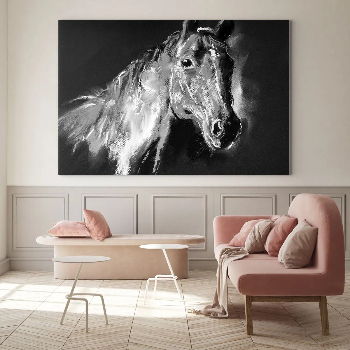 Obraz na szkle - Portret konia w odcieniach czerni i bieli na ciemnym tle - 70x50cm - Lśnienie szlachetnej duszy - Nowoczesna dekoracja ścienna do salonu i sypialni ARTTOR