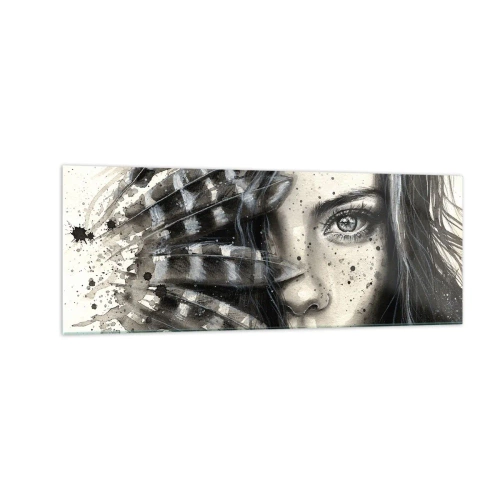 Obraz na szkle - Artystyczny portret kobiety z abstrakcyjnymi detalami - 140x50cm - Dzika piękność - Nowoczesna dekoracja ścienna do salonu i sypialni ARTTOR