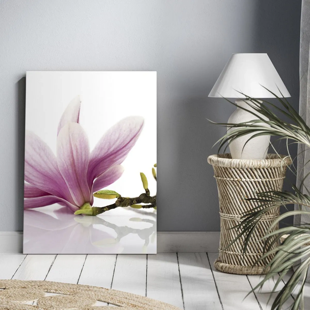 Obraz na płótnie - Delikatny różowy kwiat magnolii na białym tle - 50x70cm - Delikatne jak powiew wiosny - Nowoczesna dekoracja ścienna do salonu, kuchni i sypialni ARTTOR