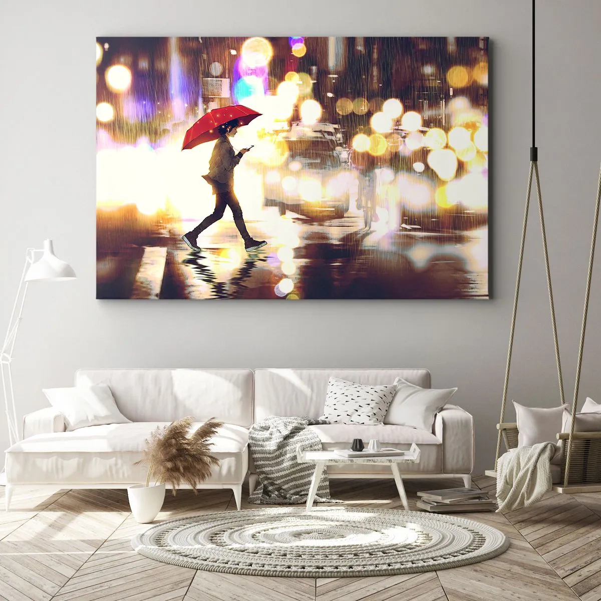Obraz na płótnie - Postać z czerwonym parasolem na ulicy w deszczu - 70x50cm - A jednak słoneczna - Nowoczesna dekoracja ścienna do salonu i sypialni ARTTOR