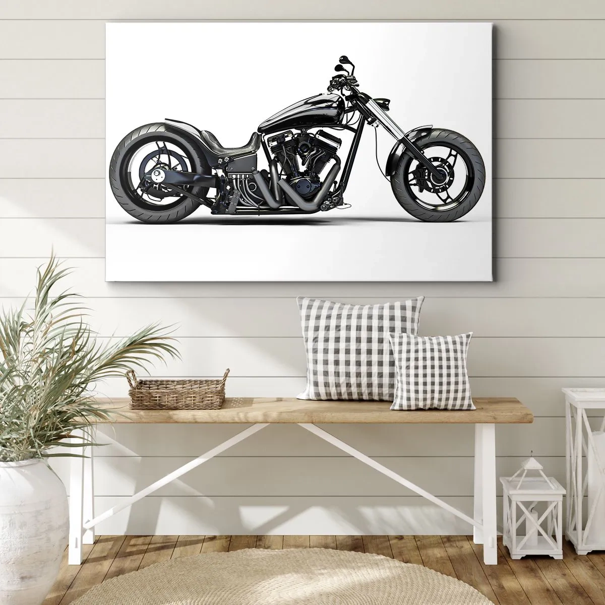 Obraz na płótnie - Stylowy czarny motocykl custom na białym tle - 70x50cm - Dla kochających wolność - Nowoczesna dekoracja ścienna do salonu i sypialni ARTTOR