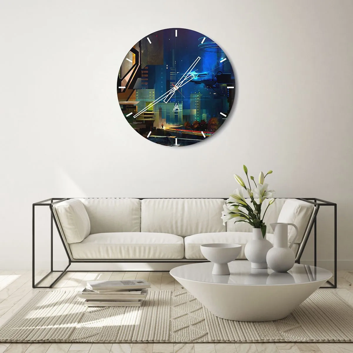 Zegar ścienny - Futurystyczne miasto nocą z neonowymi światłami i pojazdami - 30x30cm - W niedalekiej przyszłości - Nowoczesna dekoracja ścienna do salonu, kuchni i sypialni ARTTOR