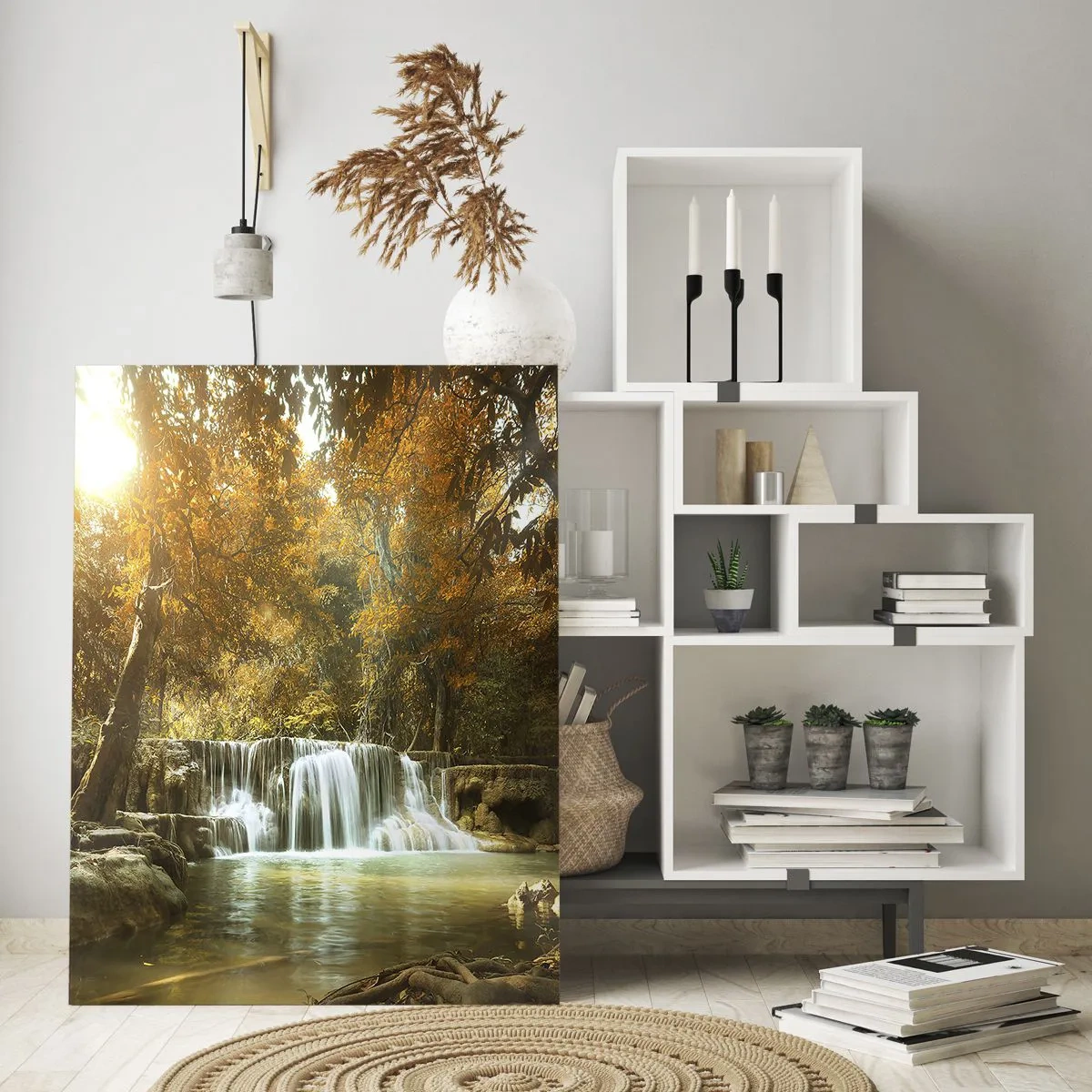 Obraz na szkle - Wodospad w parku otoczonym drzewami w jesiennych barwach - 50x70cm - Parkowa kaskada - Nowoczesna dekoracja ścienna do salonu, kuchni i sypialni ARTTOR
