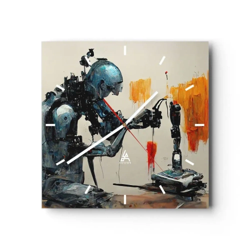 Zegar ścienny - Robot przy pracy z abstrakcyjnym tłem - 30x30cm - Już jutro… - Nowoczesna dekoracja ścienna do salonu i sypialni ARTTOR