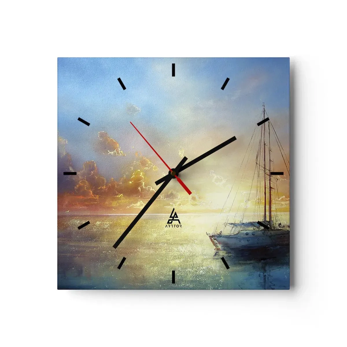 Zegar ścienny - Jacht na spokojnym morzu o zachodzie słońca - 30x30cm - W złotej zatoce - Nowoczesna dekoracja ścienna do salonu i sypialni ARTTOR