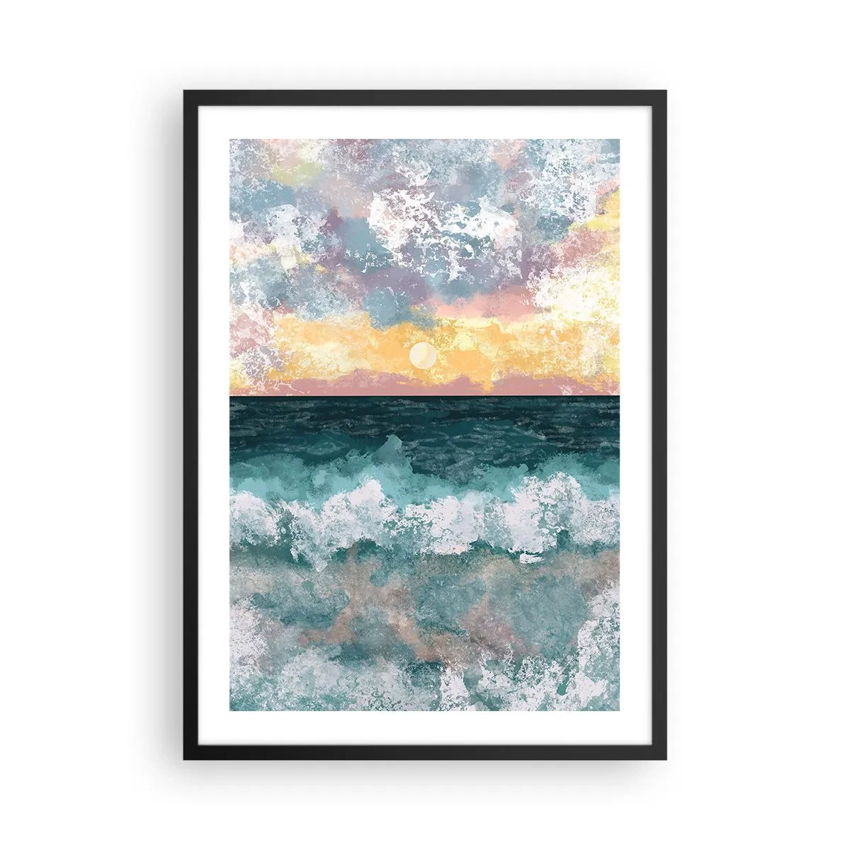 Plakat w czarnej ramie - Morskie fale i zachód słońca w akwarelowym stylu - 50x70cm - Woda, światło, powietrze - Nowoczesna dekoracja ścienna do salonu i sypialni ARTTOR