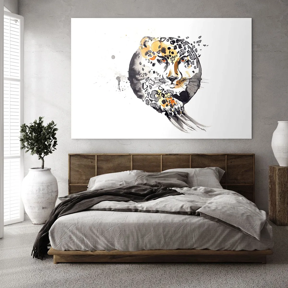 Obraz na szkle - Leopard w dynamicznej, abstrakcyjnej kompozycji - 70x50cm - Drapieżna uroda - Nowoczesna dekoracja ścienna do salonu i sypialni ARTTOR