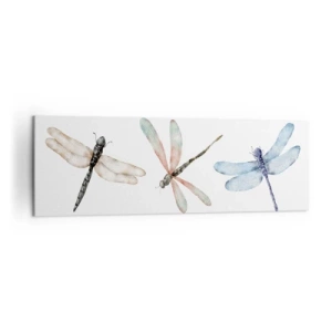 Obraz na płótnie - Trzy ważki w delikatnych pastelowych barwach - 160x50cm - Ważki nieważkie - Nowoczesna dekoracja ścienna do salonu i sypialni ARTTOR