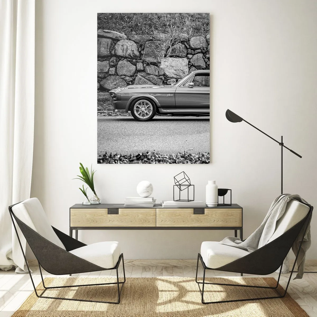 Obraz na szkle - Klasyczny samochód na tle kamiennego muru - 50x70cm - Legenda lat 60. - Nowoczesna dekoracja ścienna do salonu, kuchni i sypialni ARTTOR
