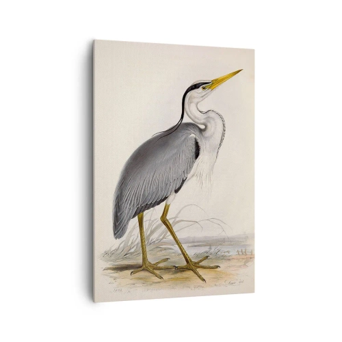 Obraz na płótnie - Elegancka ilustracja czapli stojącej na brzegu w delikatnych odcieniach - 70x100cm - Czapli wdzięk - Nowoczesna dekoracja ścienna do salonu i sypialni ARTTOR