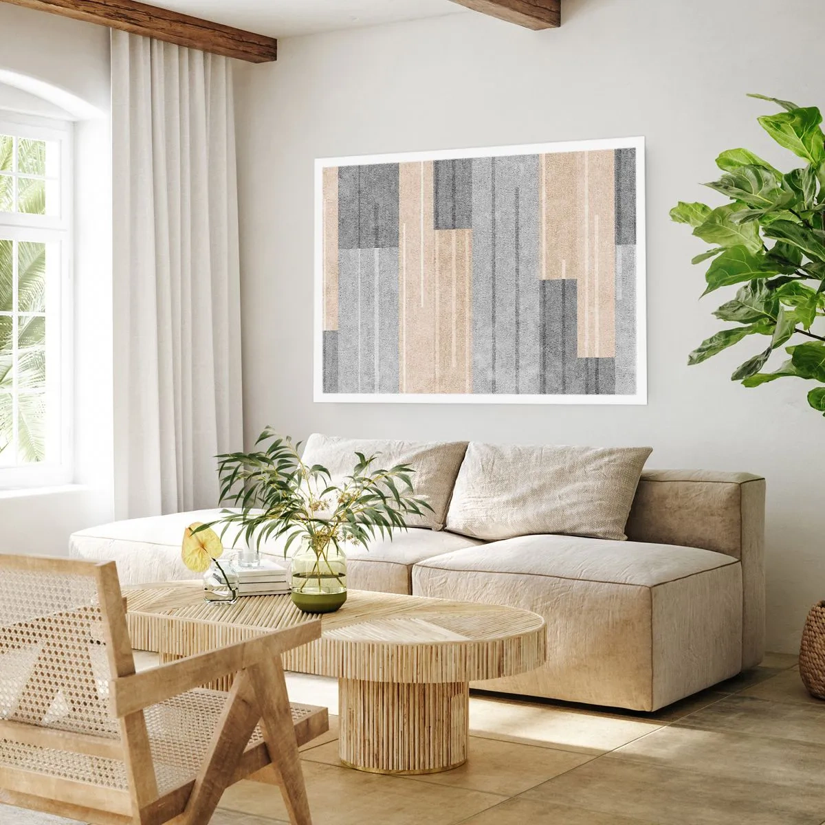 Plakat - Geometryczna kompozycja w odcieniach szarości i beżu - 100x70cm - Kompozycja: trzymać pion - Nowoczesna dekoracja ścienna do salonu i sypialni ARTTOR