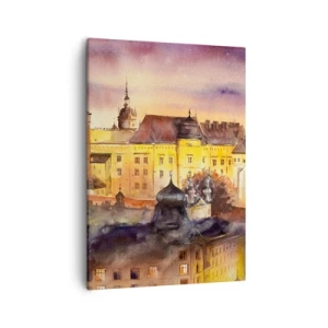 Obraz na płótnie - Malownicza akwarela przedstawiająca zabytkowe budynki w blasku zachodu słońca - 50x70cm - Historia i baśń - Nowoczesna dekoracja ścienna do salonu, kuchni i sypialni ARTTOR
